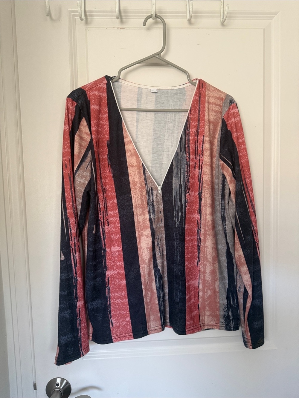 Striped V-Neck Long Sleeve Top in Red, Black & Cream